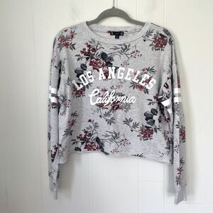 Iris Los Angeles California Floral Sweatshirt Crop Raw Hem 100% Cotton ~ Size XL